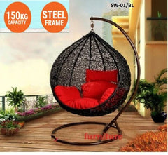 Black Basket with Red Hanging Swing Cushion Egg Chair Outdoor Swing