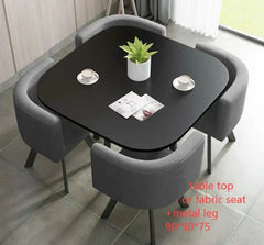 Charcoal Grey Fabric Chairs And Black Wooden Table Top Dining Table