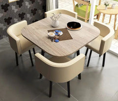 New Modern Space-Saver Dining Set – Light Brown Wooden Table & 4 Beige PU Leather Chairs (5-Piece Set)
