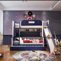 Single Over Double Bunk Bed with Slide & Trundle ā Premium Navy Blue Kids' Bunk Bed!
