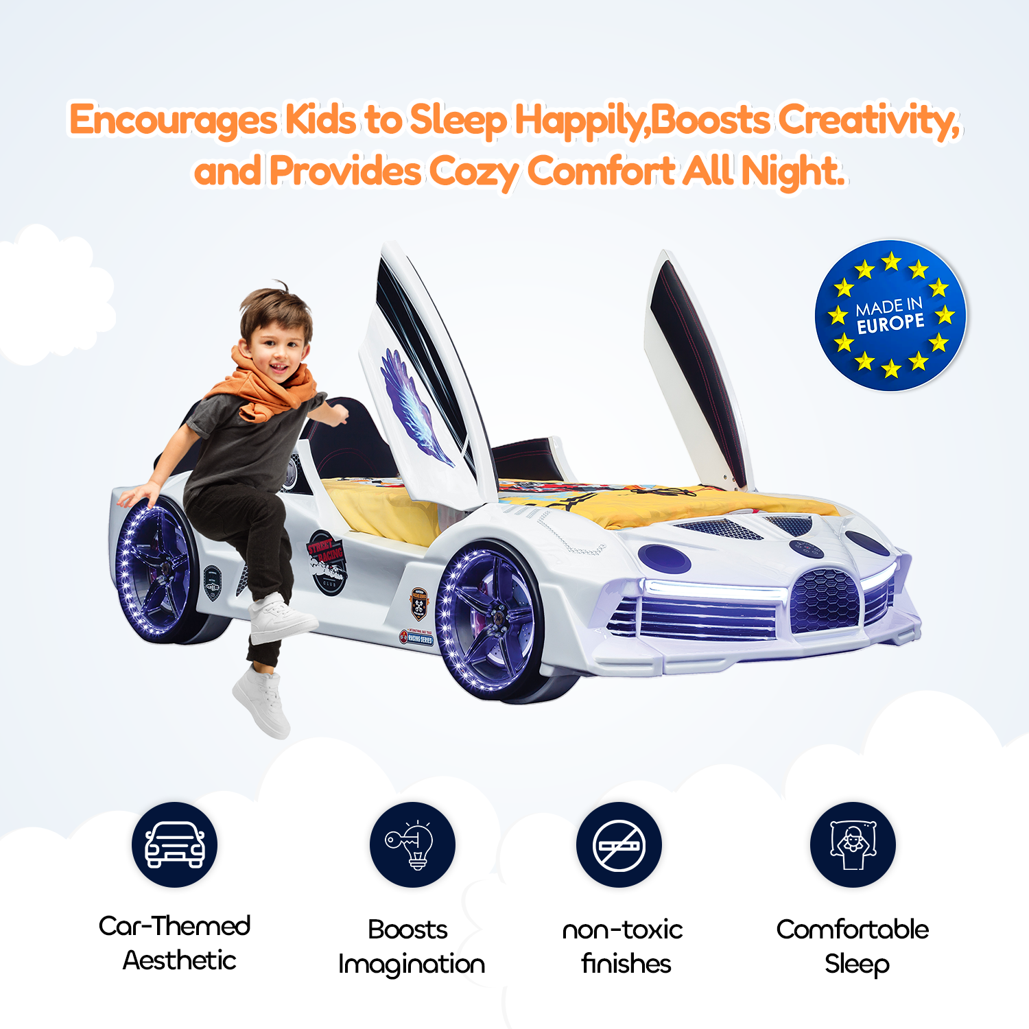 Midnight White Double Car Beds for Kids