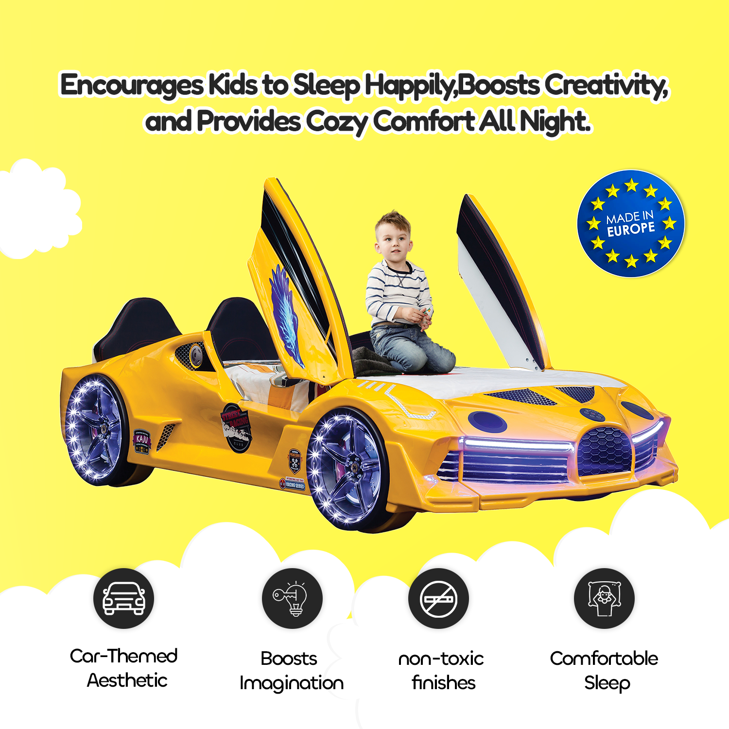Hyper Yellow Double Car Beds for Kids