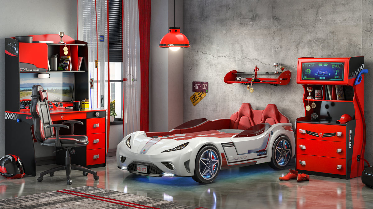 GTE White Sports Car Bed for Kids – Eco-Friendly, LED Lights & Realistic Sound