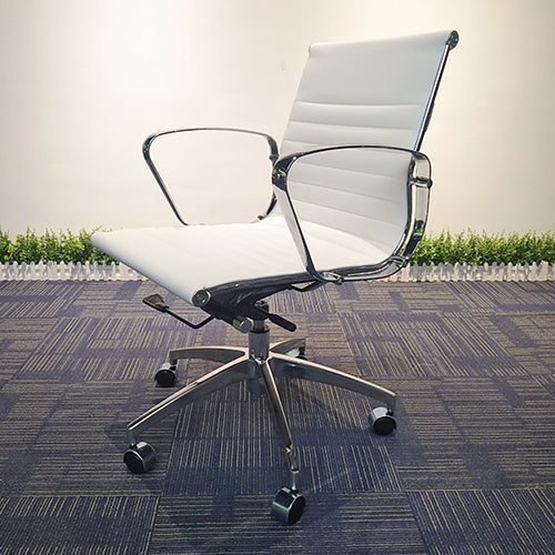 White Office Chair PU Leather Mid Back Adjustable Executive Gaming Seat