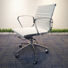 White Office Chair PU Leather Mid Back Adjustable Executive Gaming Seat