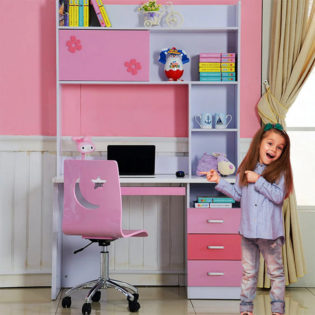 Study Table With Bookshelf Desk And Chair For Teen/Kids, Writing Desk 1.2m Pink Durable HDF Quality