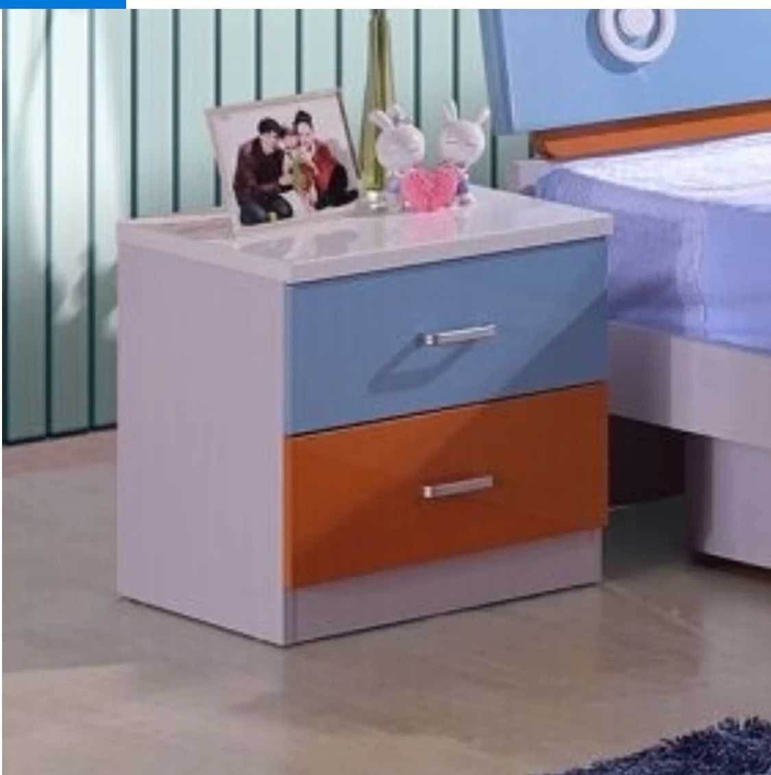 Bright Bloom Kids Bedside Table – Modern Blue & Orange Design with Spacious Storage Drawers