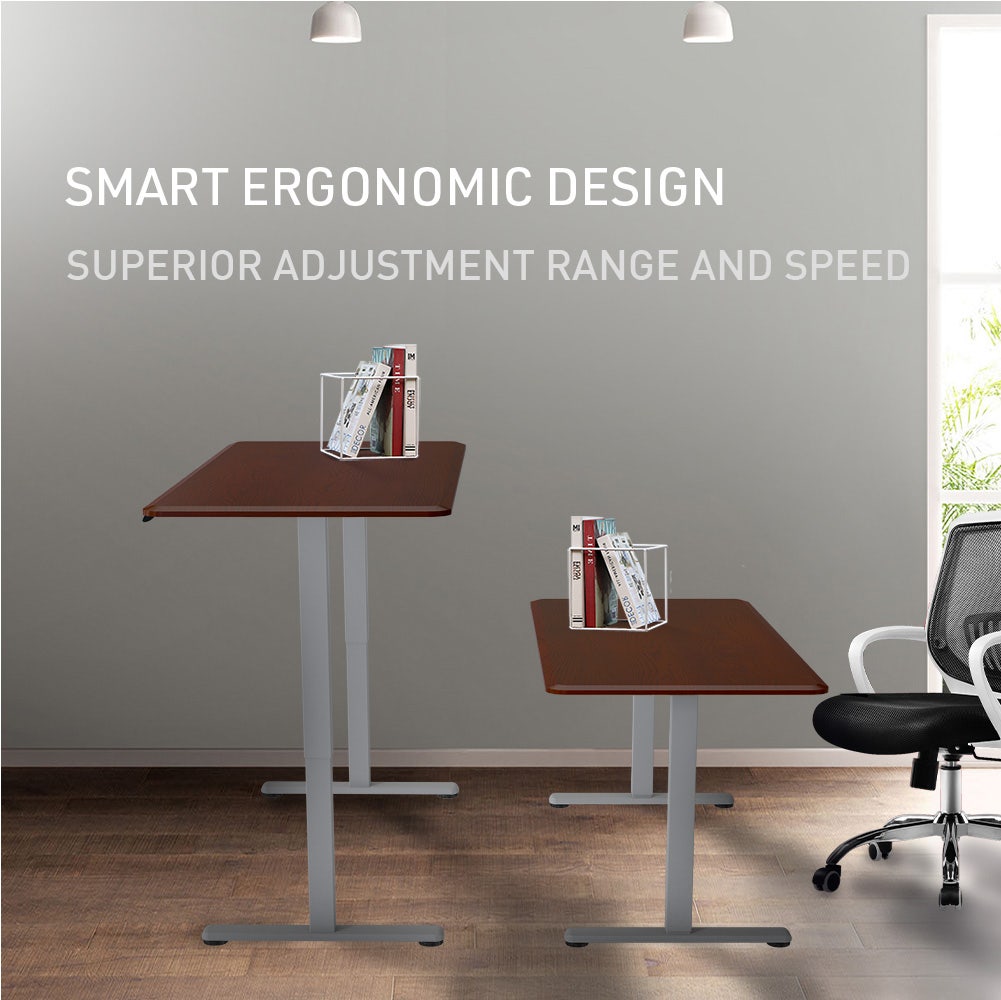 FORTIA Sit To Stand Up Standing Desk, 150x68cm, 72-118cm, Height Adjustable, 50kg Rated, Walnut Style/Silver Frame