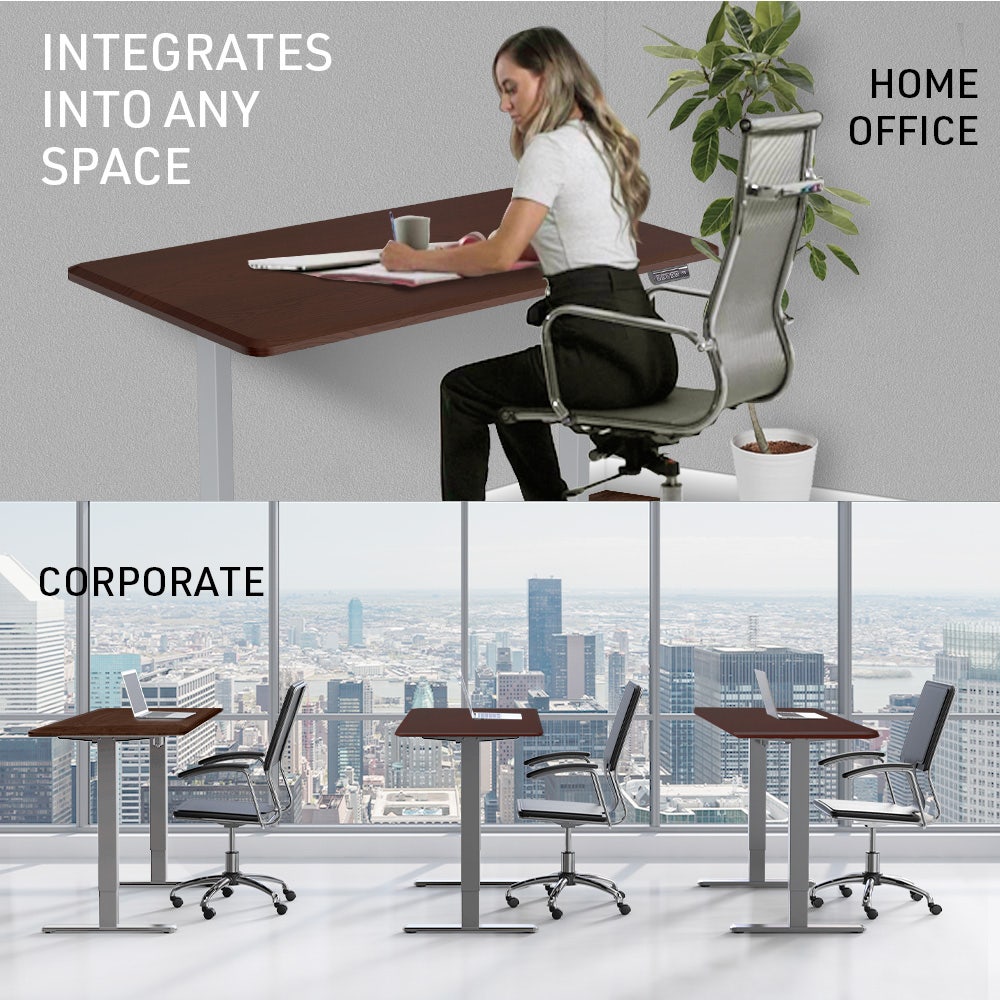 FORTIA Sit To Stand Up Standing Desk, 150x68cm, 72-118cm, Height Adjustable, 50kg Rated, Walnut Style/Silver Frame