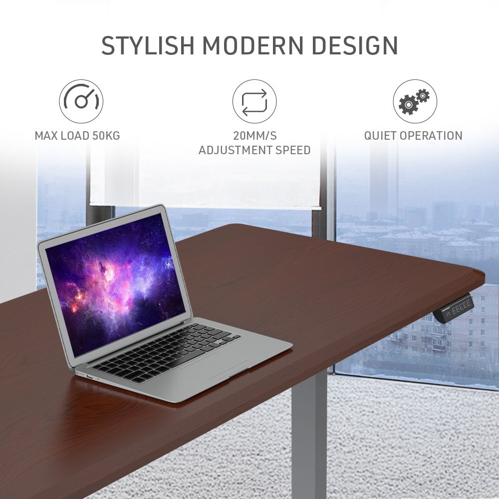 FORTIA Sit To Stand Up Standing Desk, 150x68cm, 72-118cm, Height Adjustable, 50kg Rated, Walnut Style/Silver Frame