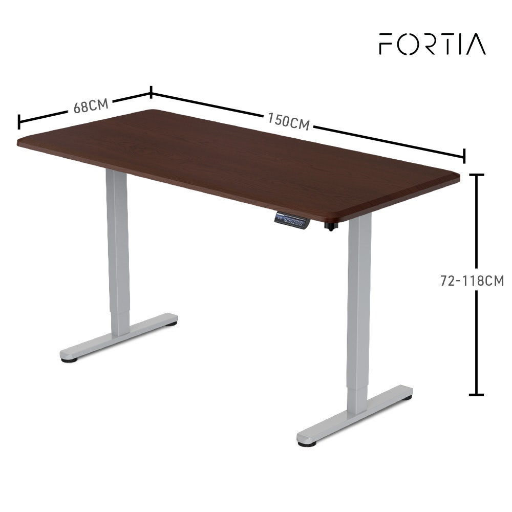 FORTIA Sit To Stand Up Standing Desk, 150x68cm, 72-118cm, Height Adjustable, 50kg Rated, Walnut Style/Silver Frame