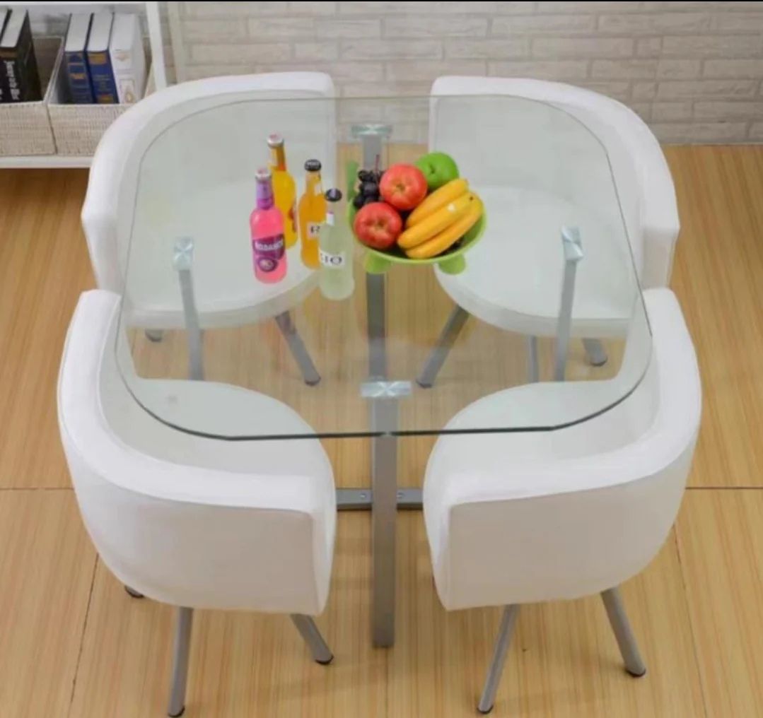 space saver 4 white chairs & transparent Glass table top Dining Table / 5 pcs set