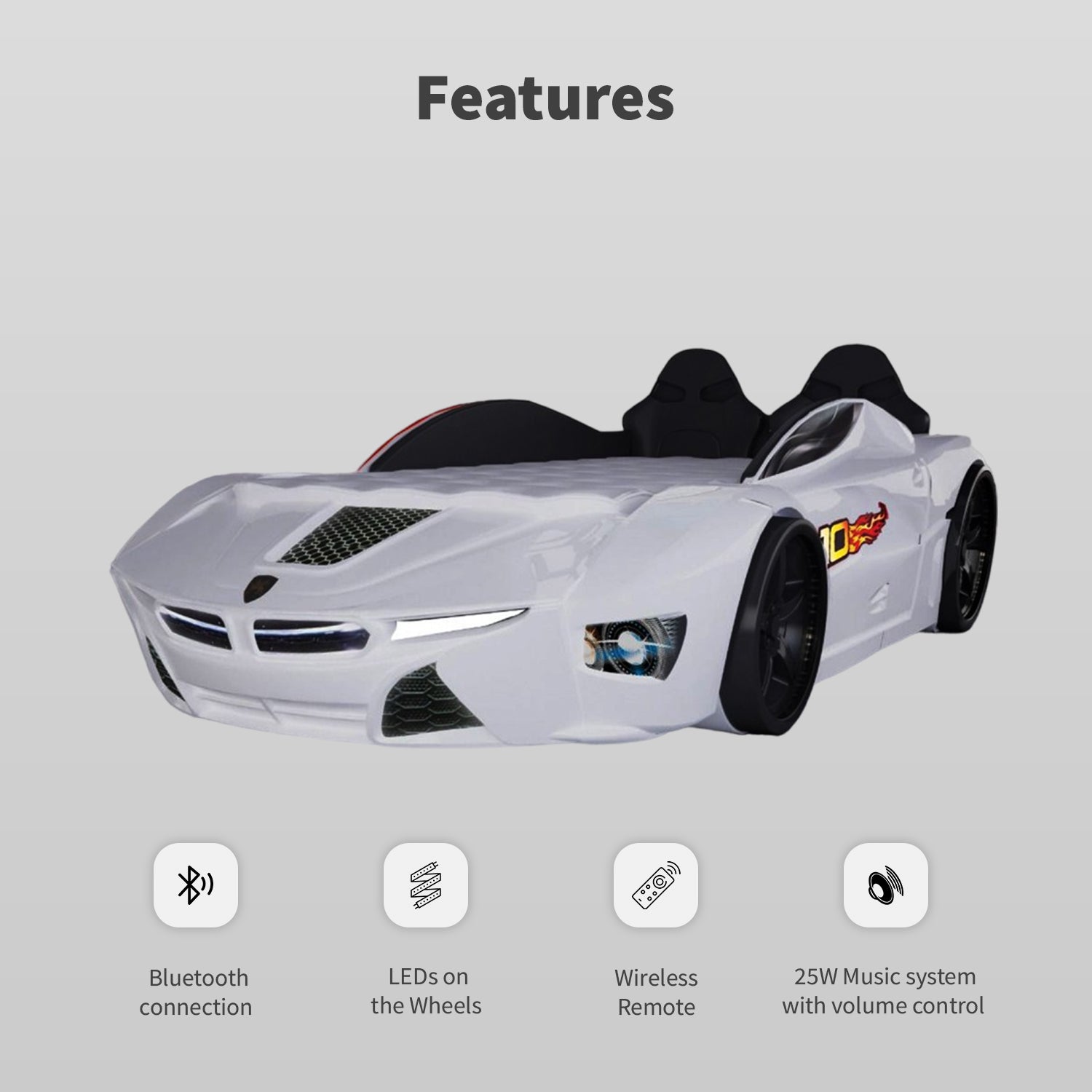 Luxury Kids Racing White Car Beds with Lights and Sounds